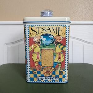 Vintage Pepperidge Farm Cracker Tin with Blue Magic Lid and Glass Handle